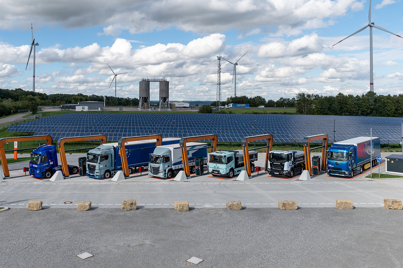 E-Lkw beim Laden im neuen Ladepark von Milence mit Solar- und Windkraft im Hintergrund – nachhaltige Mobilität im Fokus.